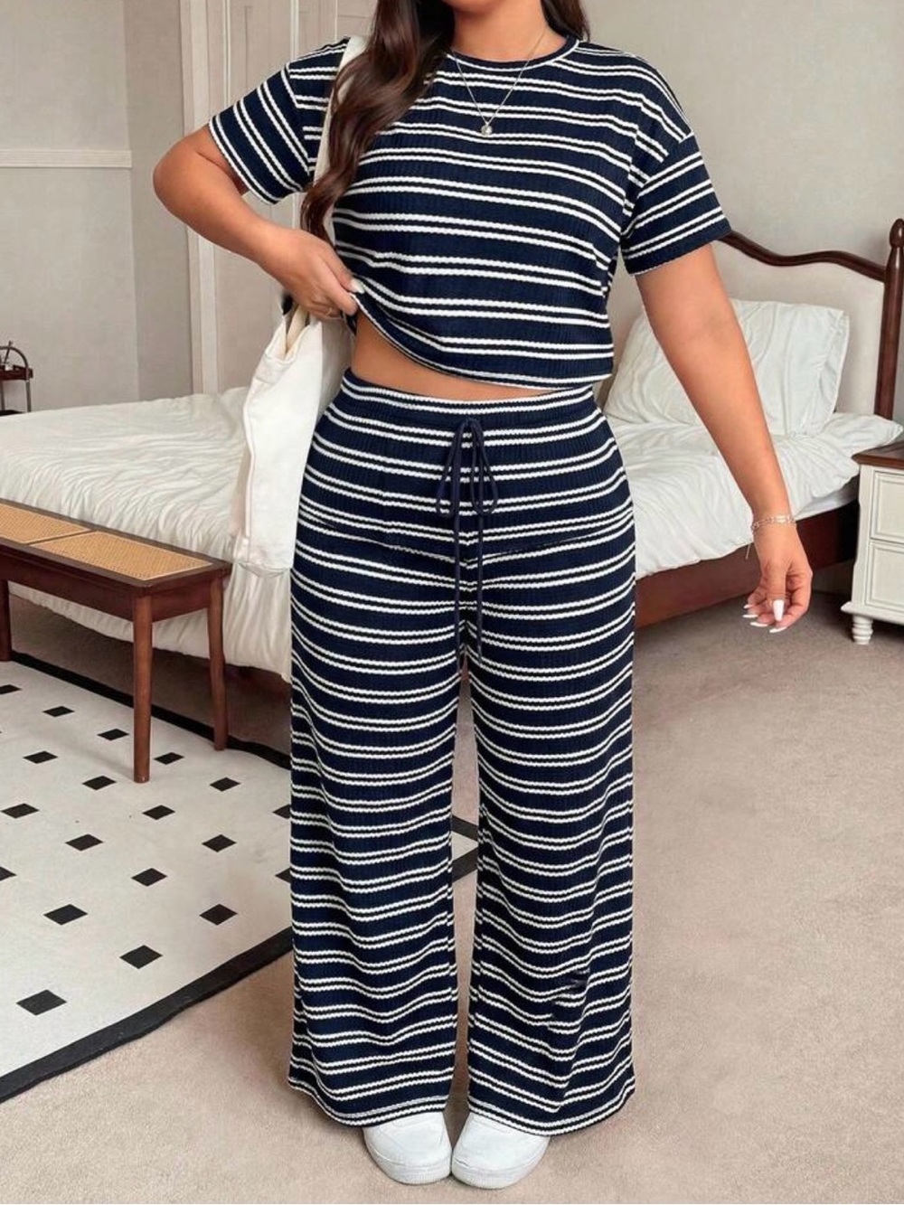 SHEIN Navy & White Striped Wide-Leg Knit Pants